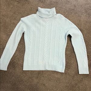 Elegant cashmere- wool blend Sky Blue Cable Knit Turtleneck Sweater